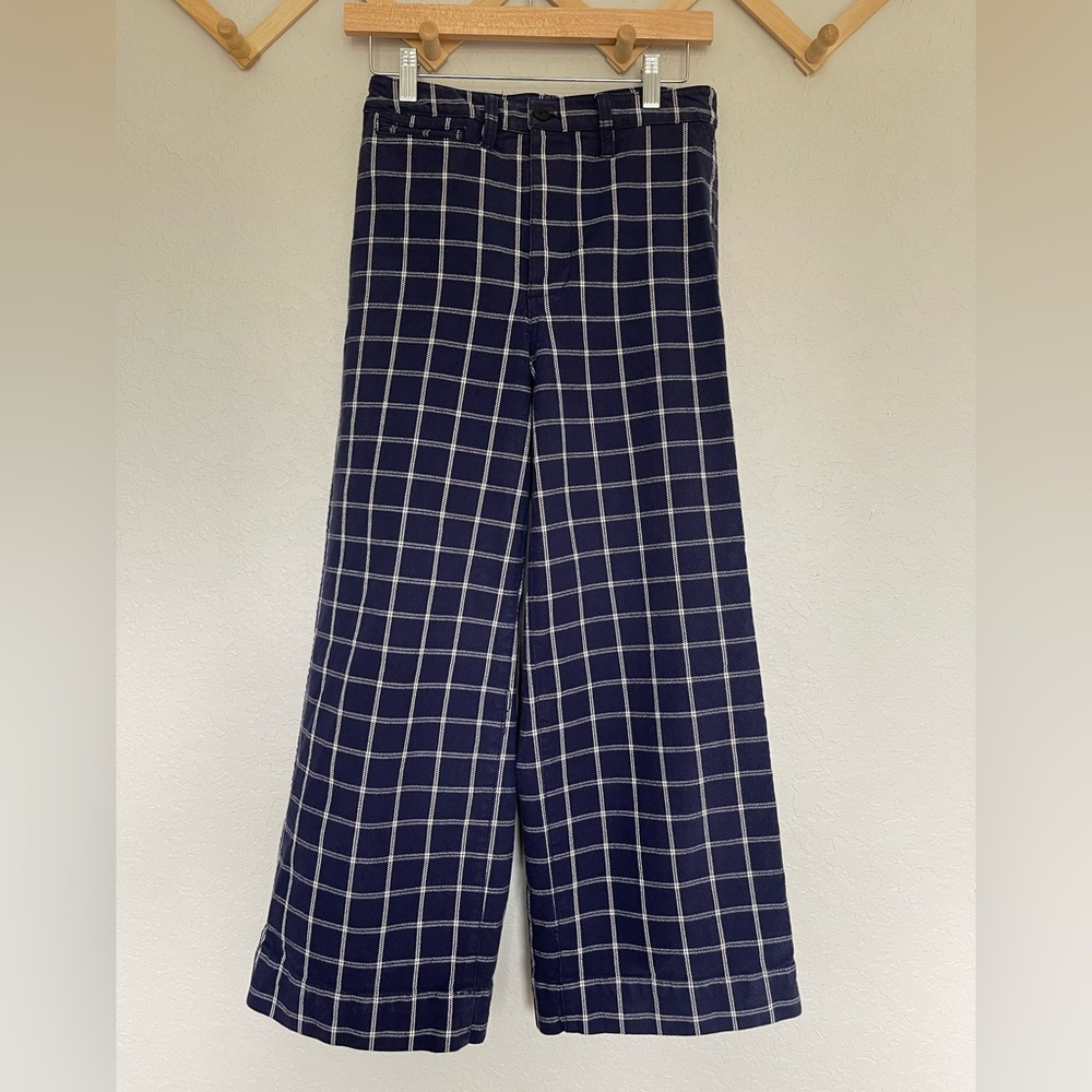 Madewell Plaid Navy High Rise Wide Leg Crop Pants - Picture 2 of 14